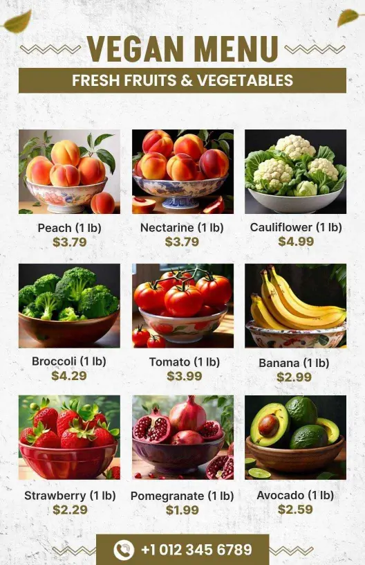 Fresh Fruits and Vegetables Selection Vegan Menu Template