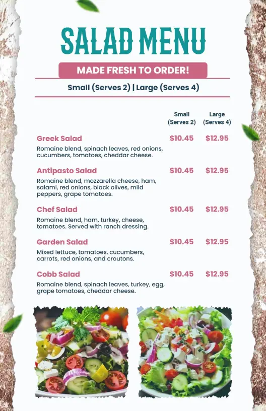 Fresh Greek and Antipasto Selections with Garden Options Salad Menu Template