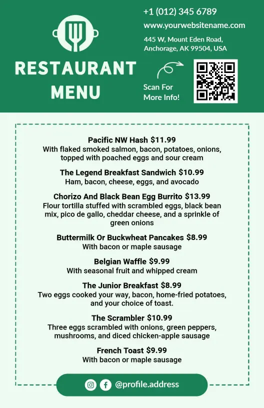 Fresh Green Aesthetic for Breakfast Specials Restaurant Menu Template