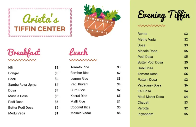 Fresh Green and Cream Evening Tiffin Specials Menu Template