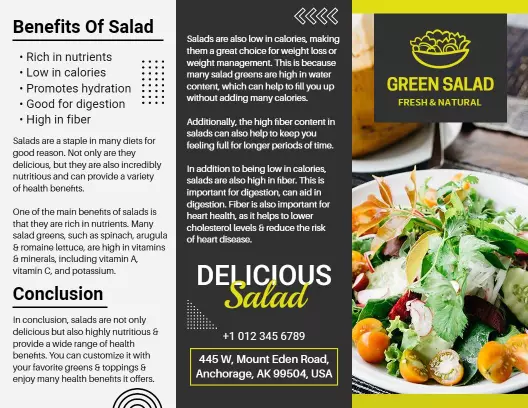 Fresh Green Salad Benefits and Nutrition Tri Fold Brochure Template