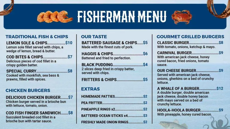 Fresh Grilled Fish and Chips with Savory Options Seafood Menu Template