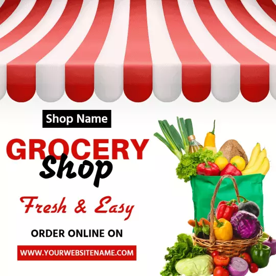 Fresh Grocery Shop with Colorful Produce and Shopping Bag Ad Template