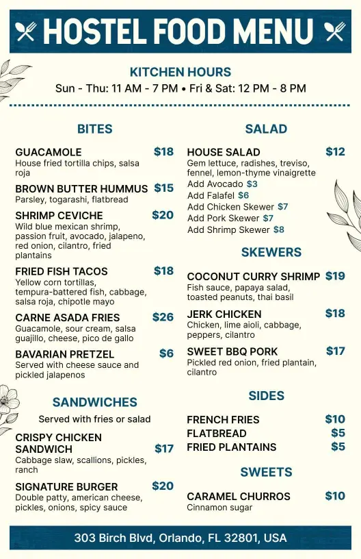 Fresh Guacamole and Savory Sandwich Selections Hostel Menu Template