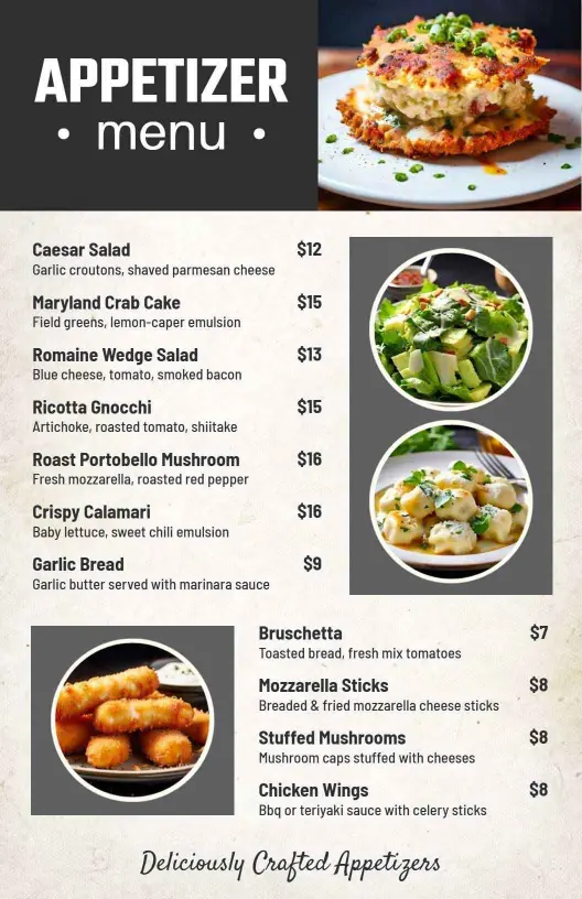 Fresh Maryland Crab Cakes and Savory Bites Appetizer Menu Template