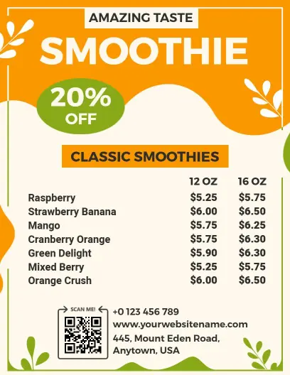 Fresh Orange and Green Botanical Classic Smoothie Menu Template