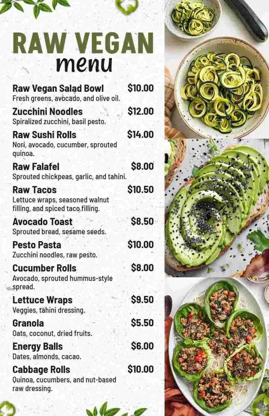 Fresh Plant-Based Raw Vegan Dining Menu Template