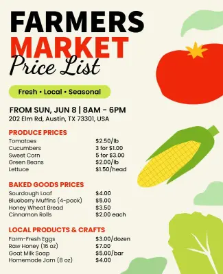 Fresh Produce Farmers Market Price List Flyer Template