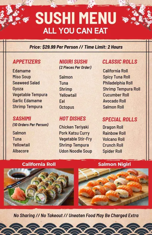 Fresh Salmon and Delicious Rolls Featuring Classic Sushi Menu Template