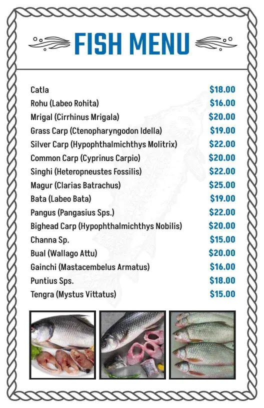 Fresh Seafood Selections Featuring Various Fish Species Menu Template