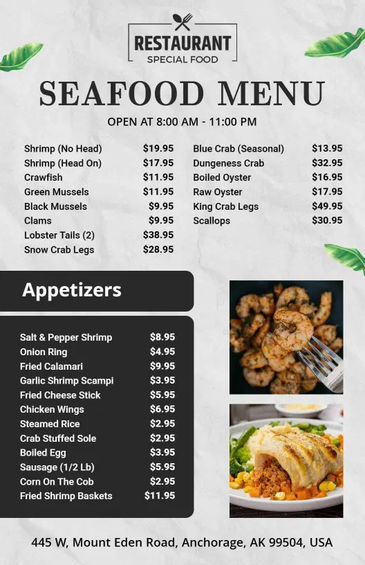 Fresh Seafood Specialties and Exquisite Dishes Seafood Menu Template