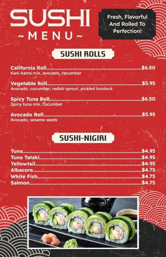 Fresh Sushi Rolls and Authentic Nigiri Selections Sushi Menu Template