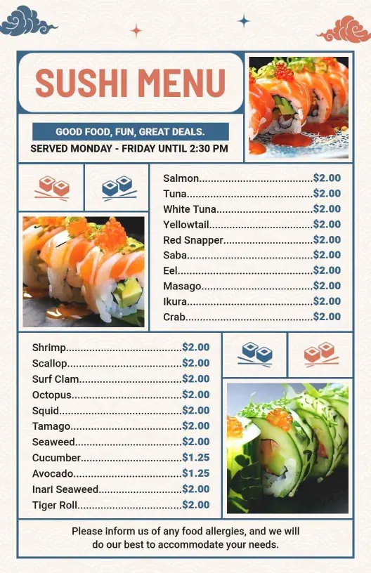 Fresh Sushi Selections Including Varieties of Fish and Rolls Menu Template