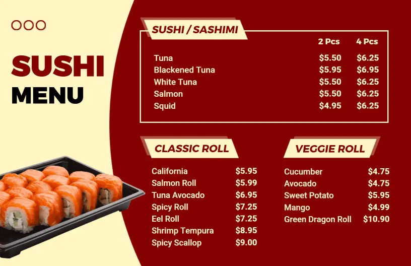 Fresh Tuna and Salmon Sushi Selections with Classic Rolls Menu Template