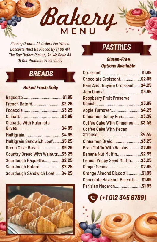 Freshly Baked Breads and Delicious Pastry Selections Bakery Menu Template
