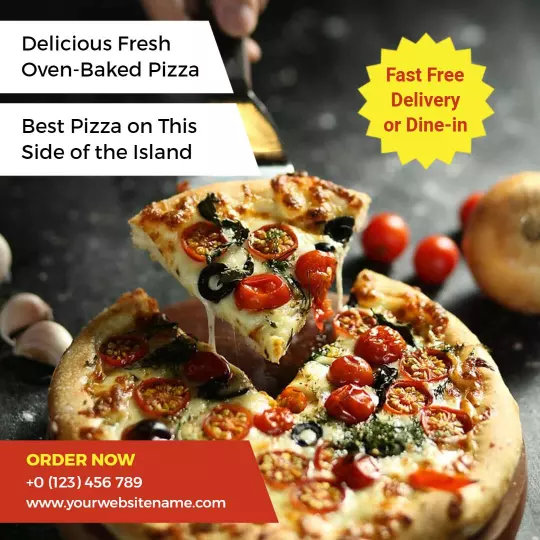 Freshly Baked Pizza with Fast Delivery and Dine-in Options Ad Template