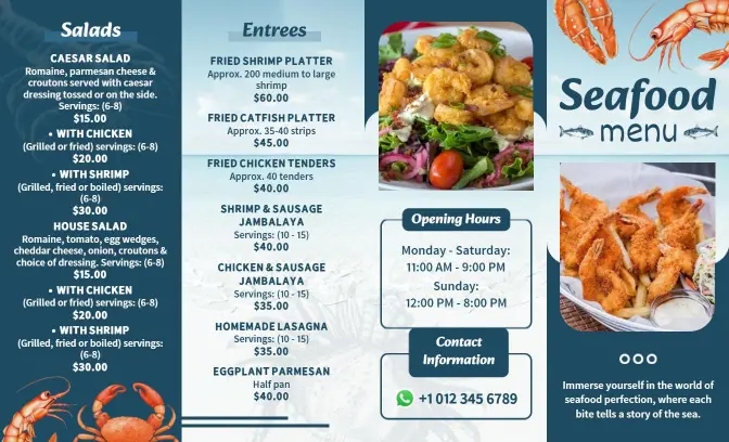 Freshly Caught Seafood Delights Featuring Shrimp and Sausages Seafood Menu Template