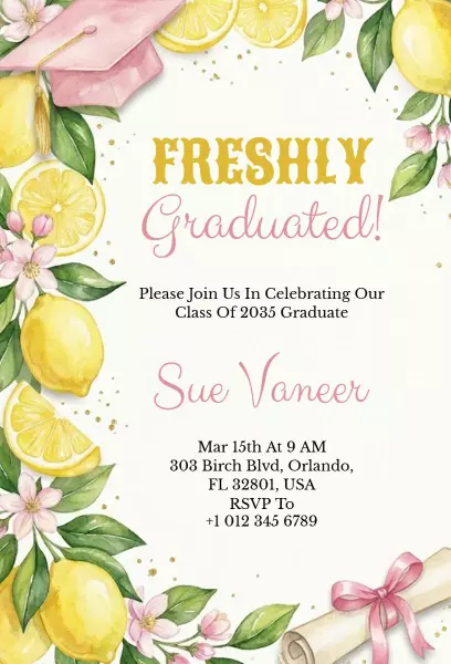 Freshly Graduated Lemon Floral Celebration Invitation Template