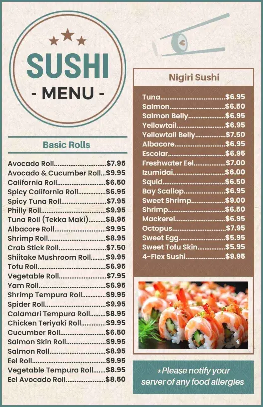 Freshly Made Sushi Rolls and Classic Nigiri Options Sushi Menu Template