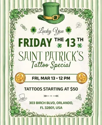 Friday the 13th Saint Patrick's Day Tattoo Special Flyer Template