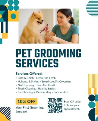 Friendly Blue and Yellow Pet Grooming Services Flyer Template
