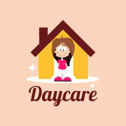 Friendly Cartoon Character Inside a Bright Yellow House Daycare Logo Template
