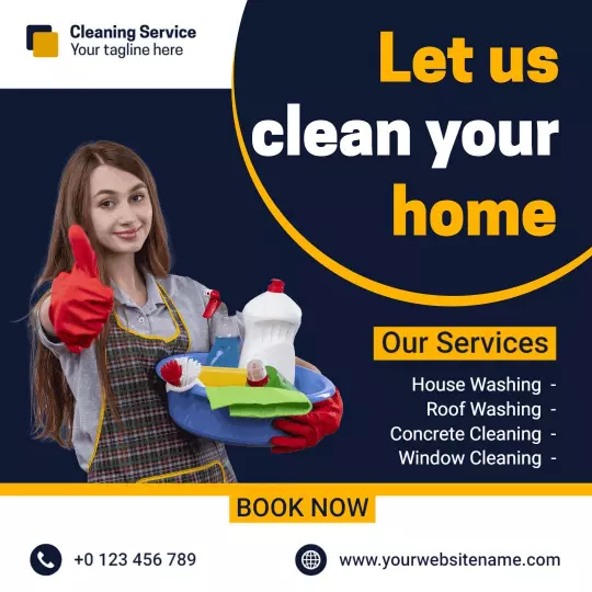 Friendly Home Cleaning Service with Tools and Book Now Option Ad Template