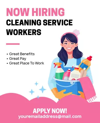 Friendly Pink Hiring Cleaning Service Workers Poster Template
