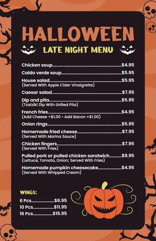 Frightful Late Night Snacks and Comfort Foods Halloween Menu Template