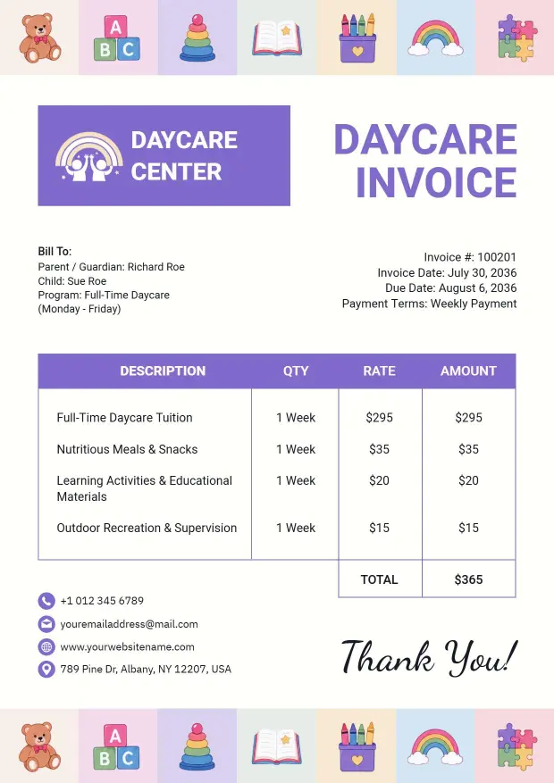 Full-Time Fees Structure Daycare Invoice Template
