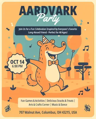Fun Aardvark Party Celebration Flyer Template