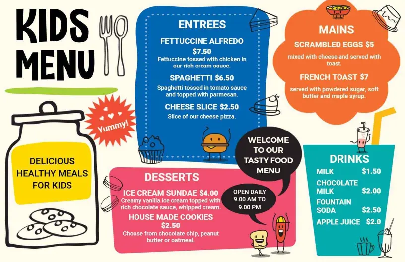 Fun and Delicious Entrees and Treats for Little Eaters Kids Menu Template