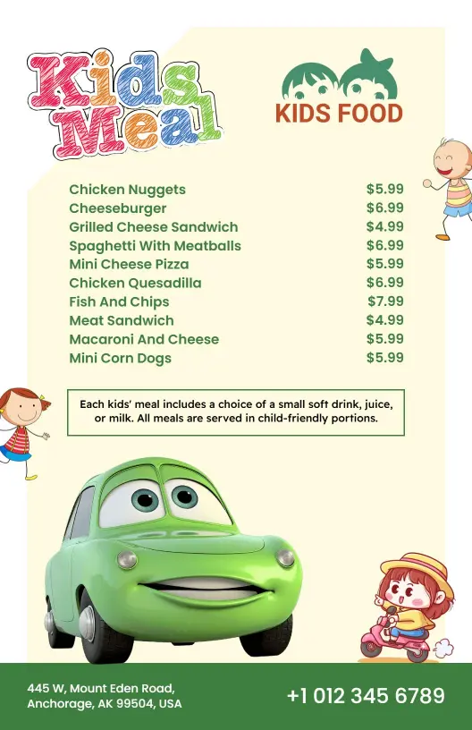 Fun and Delicious Kids Favorites Including Chicken Nuggets Menu Template