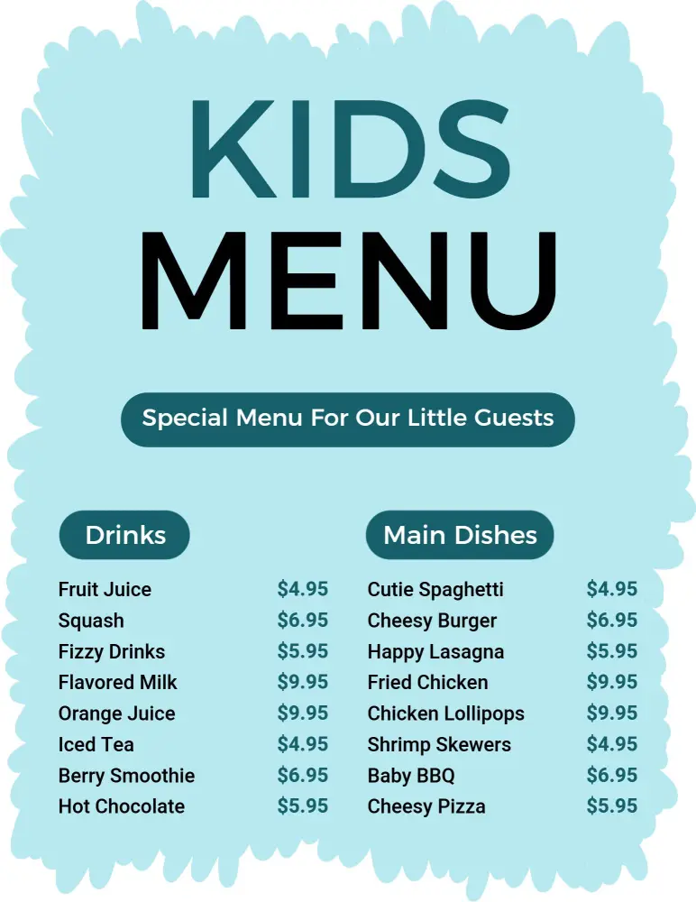 Fun and Tasty Kid-Friendly Dishes and Drinks Kids Menu Template