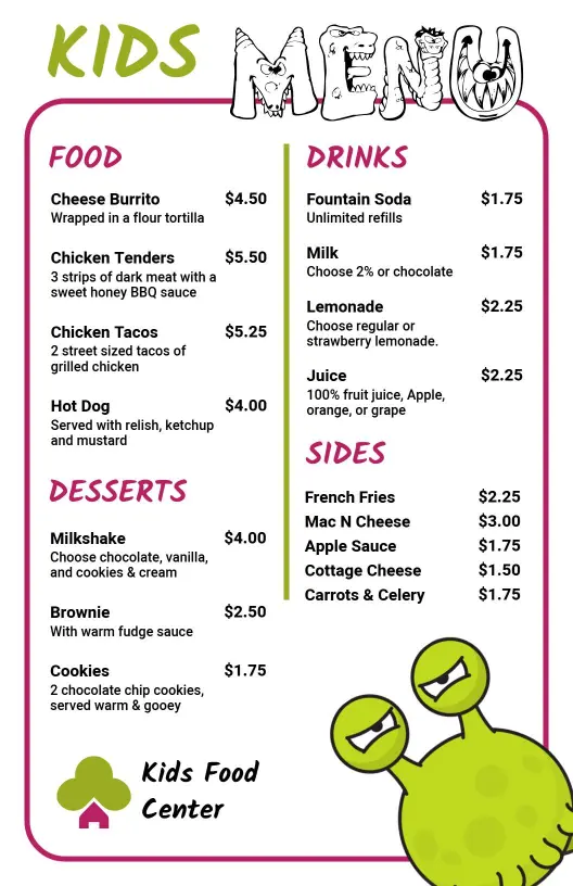 Fun and Tasty Meals and Drinks for Little Foodies Kids Menu Template