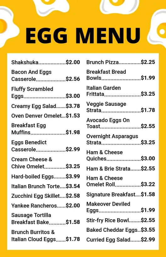Fun and Whimsical Yellow Egg Breakfast Menu Template