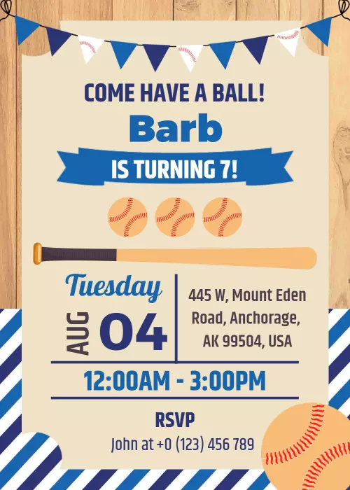 Fun Baseball Themed 7th Birthday Celebration Invitation Template