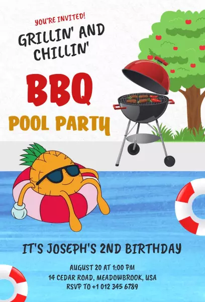 Fun BBQ Pool Party Celebration for Joseph's Birthday Invitation Template