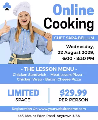Fun Blue Online Cooking Class with Chef Sara Flyer Template