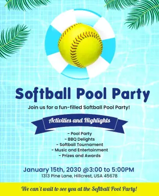 Fun Blue Softball Pool Party Celebration Poster Template