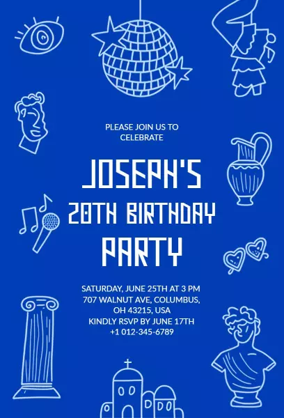 Fun Blue Themed 20th Birthday Celebration Invitation Template