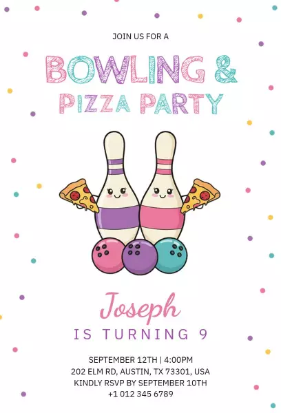 Fun Bowling Pizza Party Birthday Celebration Invitation Template