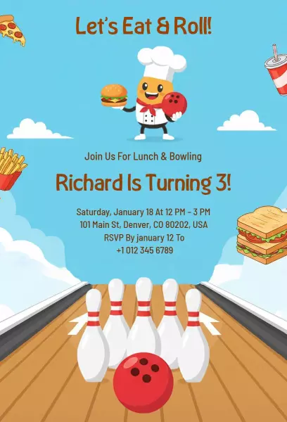 Fun Bowling Theme Kids Birthday Celebration Invitation Template