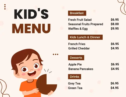 Fun Breakfast and Tasty Treats for Young Diners Kids Menu Template