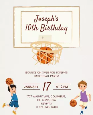 Fun Cartoon Basketball Birthday Party Invitation Poster Template