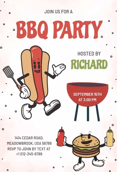 Fun Cartoon BBQ Celebration Outdoor Party Invitation Template