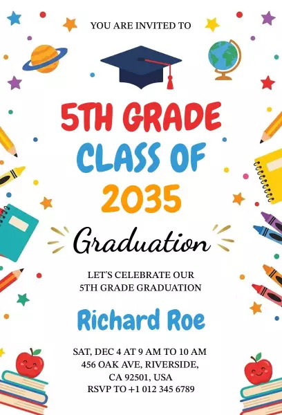 Fun Colorful 5th Grade Graduation Celebration Invitation Template