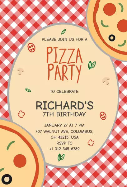 Fun Colorful 7th Birthday Pizza Party Invitation Template