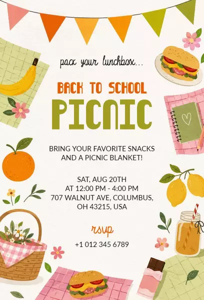 Fun Colorful Back To School Picnic Gathering Invitation Template