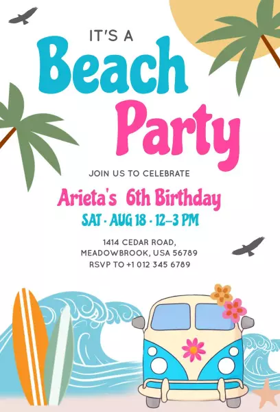 Fun Colorful Beach Party Celebration Birthday Invitation Template